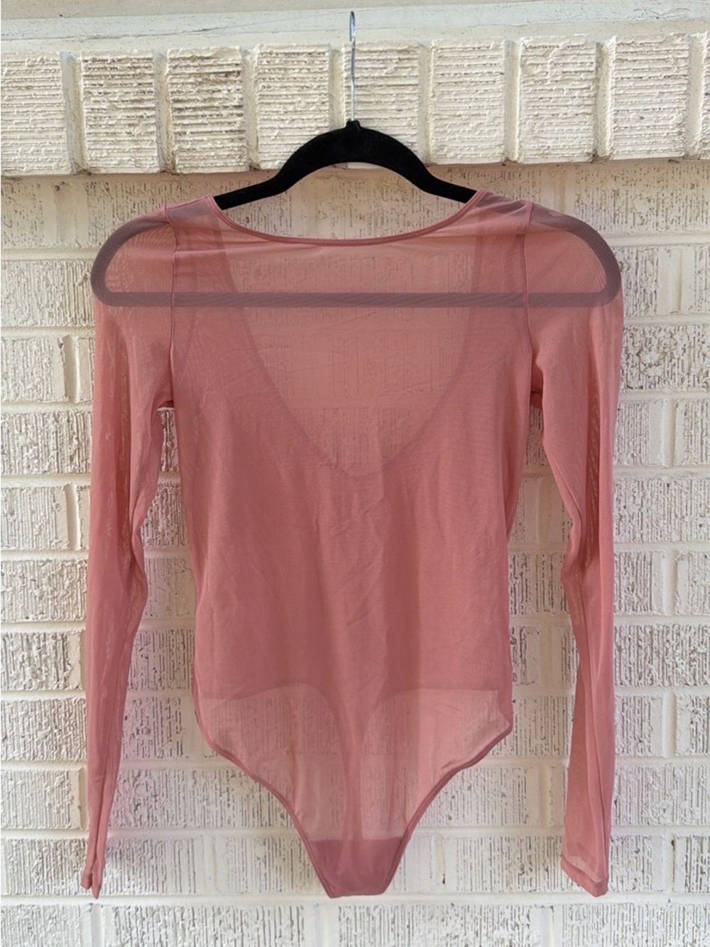 Sheer Long-Sleeve Scoop Neck Bodysuit in Dusty Rose